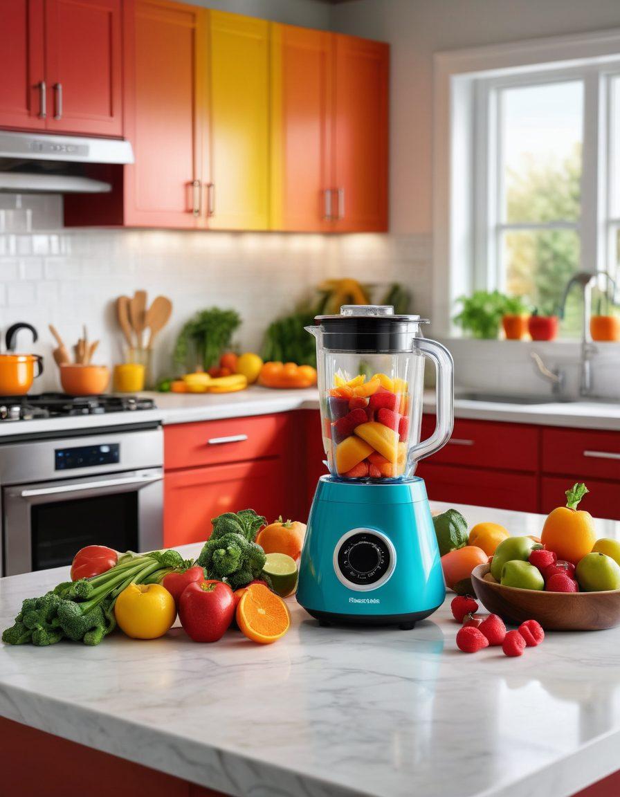 A vibrant kitchen scene showcasing a modern home gadget that simplifies cooking, like a smart blender, with colorful fruits and vegetables around it. A cheerful family member, enjoying the ease of using the gadget, while a burst of light symbolizes expert support in the background. The ambience should feel uplifting, embodying happiness and efficiency. vibrant colors. super-realistic.