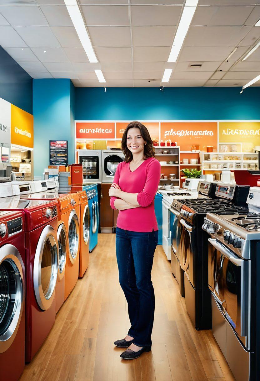 A warm and inviting appliance store showcasing a friendly salesperson engaging with a diverse group of satisfied customers. Appliances gleaming in the background, each tagged with glowing reviews highlighting their features. A sense of community and trust radiating from the scene, with a soft focus on smiles and positive interactions. Emphasize vibrant colors and a cozy atmosphere. super-realistic. vibrant colors. warm lighting.