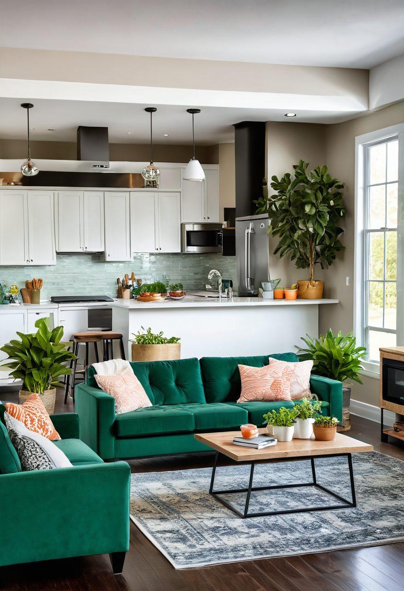 A beautifully transformed living room featuring modern appliances from Fred's Appliance Solutions, filled with natural light and vibrant colors. Cozy furniture arranged for comfort, with green plants adding a touch of nature. A joyful family enjoying their home, showcasing a harmonious blend of style and functionality. Elegant kitchen appliances subtly displayed in the background. super-realistic. vibrant colors. airy and bright.